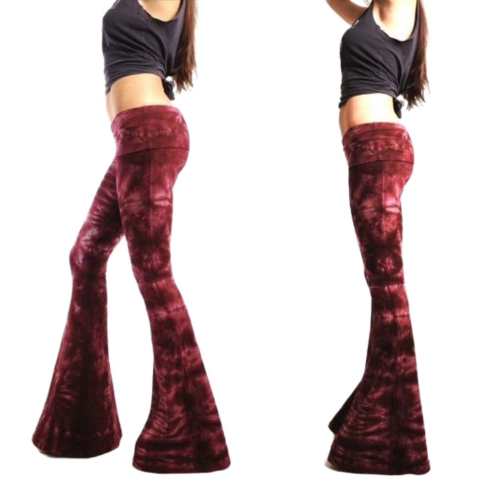 SHORT LENGTH Tie Dye Bell Bottoms - Adjustable Waistband Yoga Flare Pants Flares - Picture 3 of 10